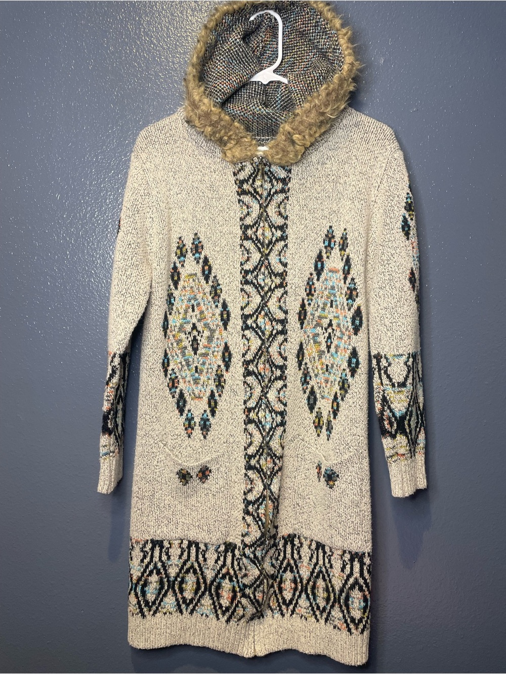 Mintree 16 Hooded Aztec Southwestern Knit Cardigan Sweater Coat Medium